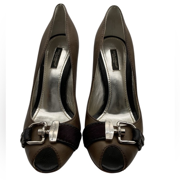 Dolce & Gabbana Brown‎ buckle peep toe Elegant Heels size 38 size US 8 - Picture 1 of 11